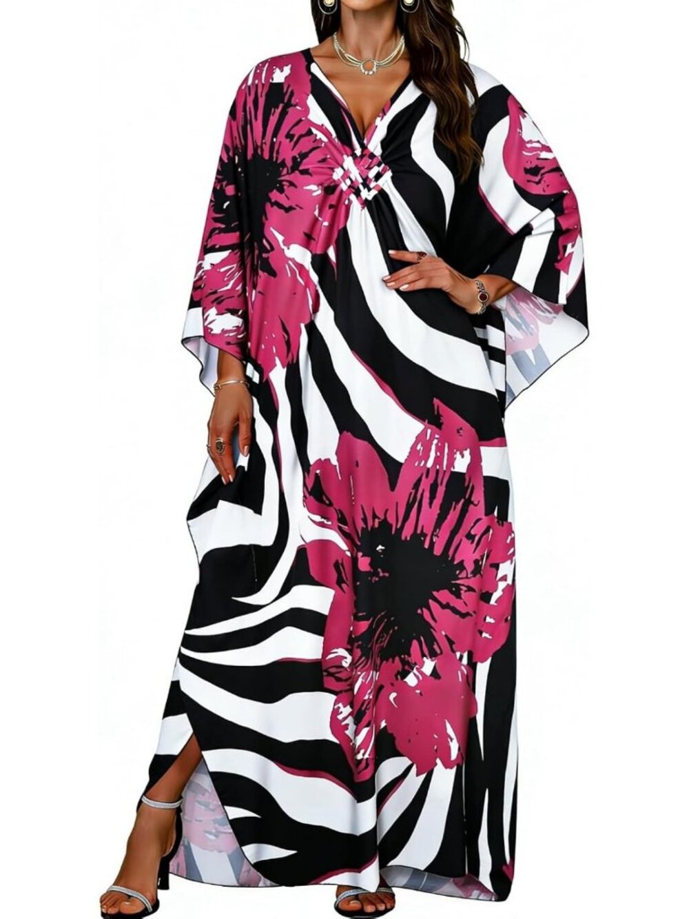 Women Rosy Red Flower Polyester Plus Size V Neck Printed Batwing Sleeves Coverup